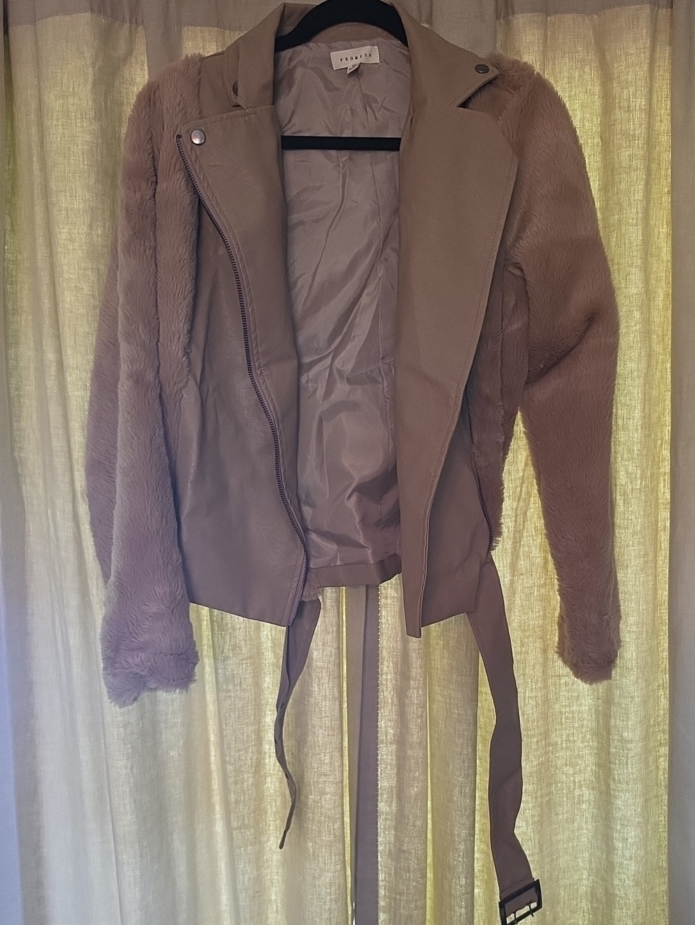 Aritzia Taupe Faux Leather Fur-Sleeve Moto Jacket with Belt NWOT